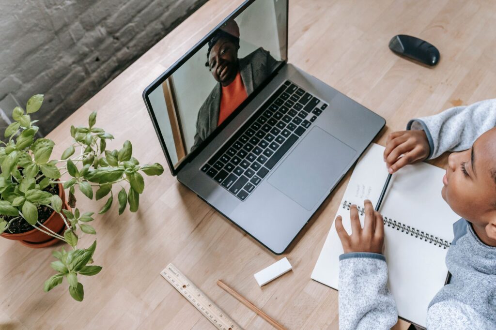 A person teaching or tutoring online via video call