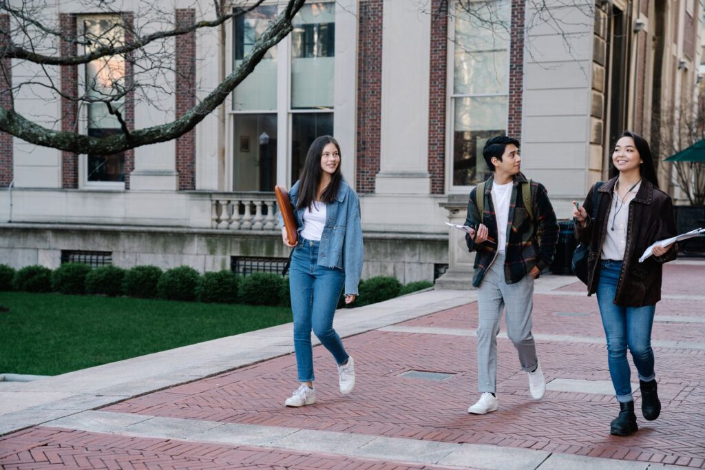 College campus with students walking between classes
